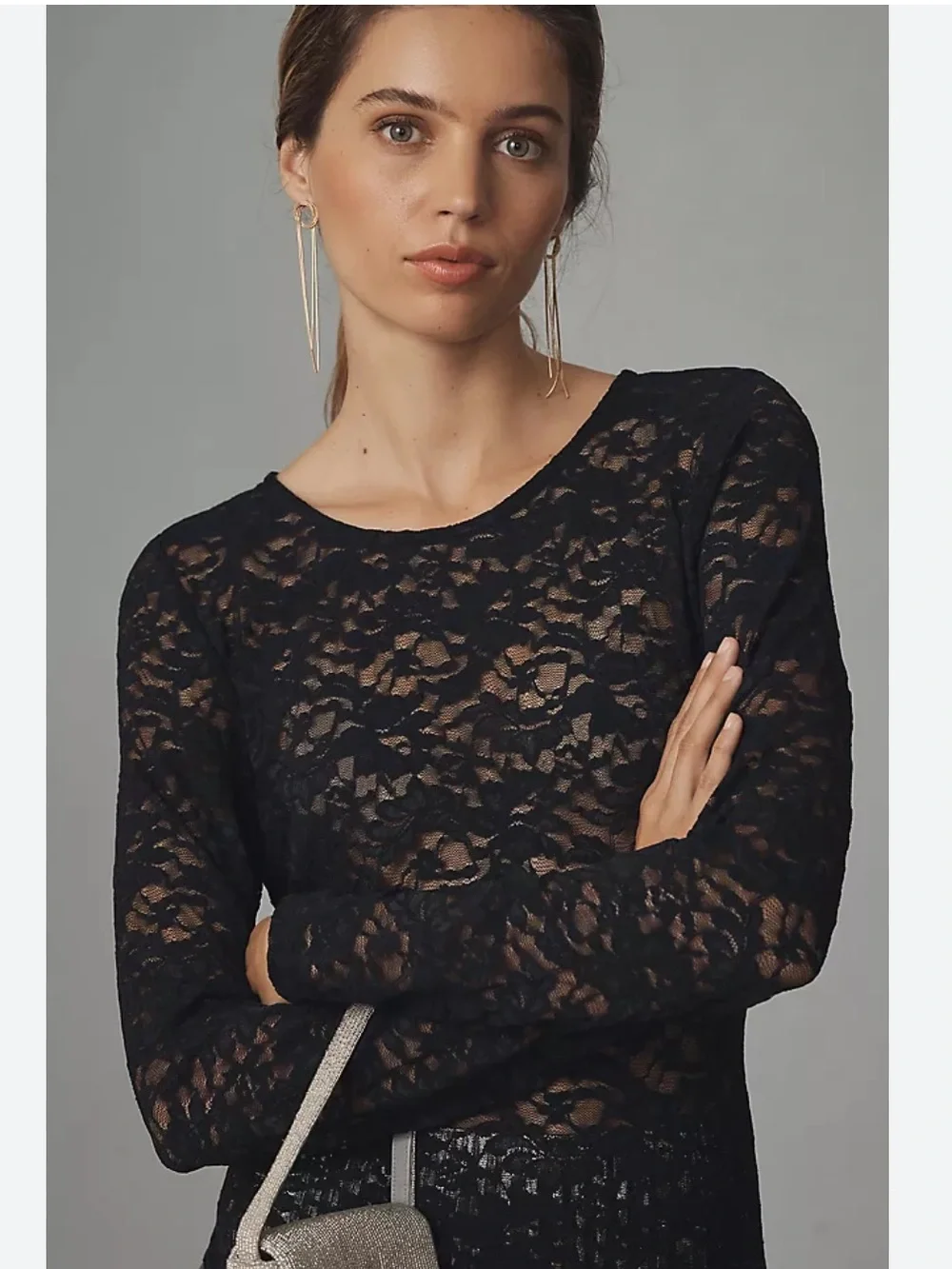 NWOT Anthropologie Long Sleeve Black Lace Crew-Neck Top - S